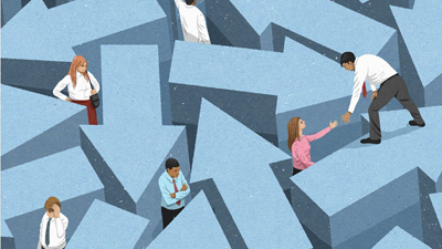 illustration of people trapped between multi-directional arrows