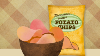 illustration of a bowl filled with potato chips with the bag behind it