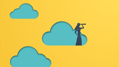 illustration of yellow sky with blue clouds and within the cloud is a silhouette of a woman looking out to horizon with a periscope