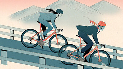 illustration of two business people riding down hill on bikes