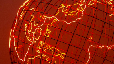 red earth with countries outlined in a neon orange line