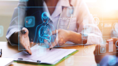 health care worker hands with diagnostic graphic overlay