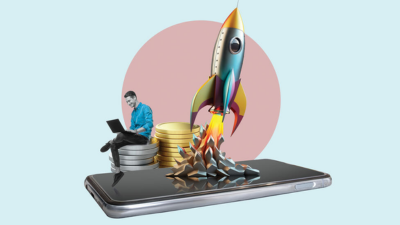 rocket, pile of coins, and man sitting on a phone