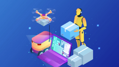 illustration of a robot holding a packages net to a laptop, other packages, and a drone