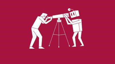 illustration of a person looking through a telescope at a robot person