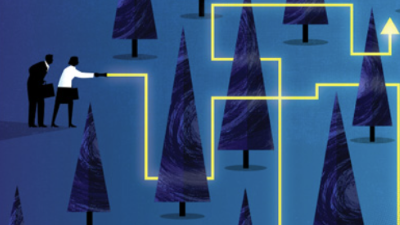 illustration of tree with person holder a laser, and laser light going around trees