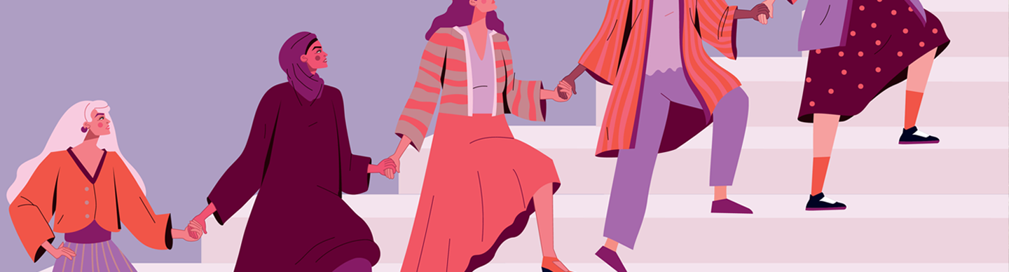 illustration of women going up stairs together holding hands