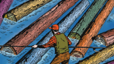 illustration of colorful wood logs stuck together and someone trying to push them apart