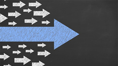illustration of big blue arrow surpassing many tiny white arrows