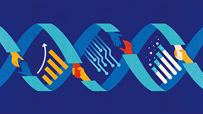 illustration of a helix with tech icons in between
