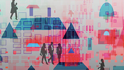 illustration of people walking around a vibrant community