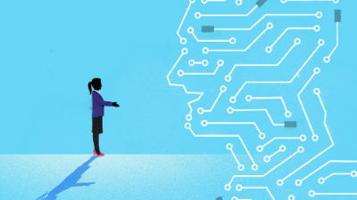 illustration of a person talking to a giant AI head