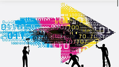 illustration of people painting a multicolored arrow overlayed with 1s and 0s