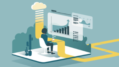 illustration of a person sitting at desk with a virtual presentation on the wall