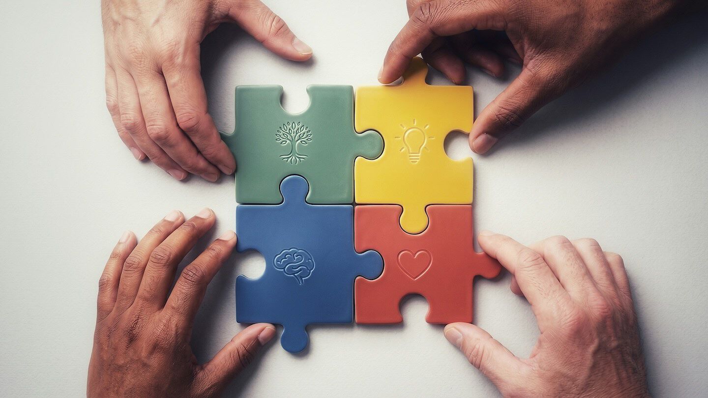 photo of fours hands holding pieces of a puzzle that fit together