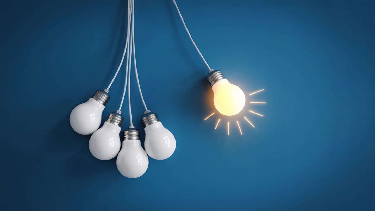 4 lightbulbs off, one lightbulb on