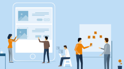 illustration of a people with post it notes on a white board, touching apps on a virtual giant iPad, and sitting on a chair
