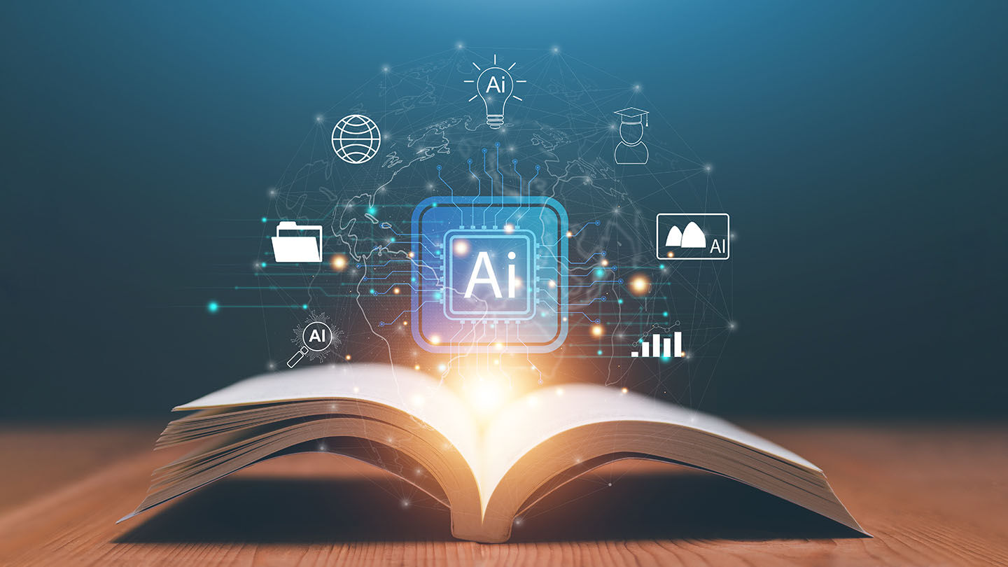 AI education concept with glowing chip above open book. Symbolizing digital transformation. Learning innovation and the integration of artificial intelligence in modern knowledge.