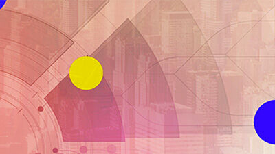 abstract illustration in pink with a yellow and blue spheres