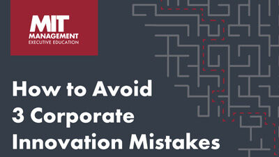 how to avoid 3 corporate innovation mistakes white text with a gray maze background