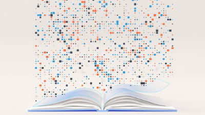 illustration of an open book with many data points floating above