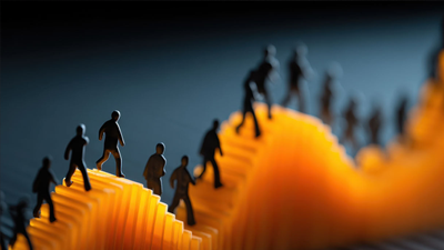 people walking over a wavy orange hill against blue background