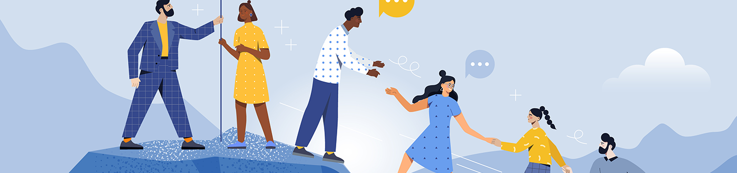 illustration of people leading each other up a mountain