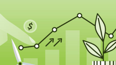 illustation of a line graph with a dollar symbol, a plant growing, and a finger. All on a green color them