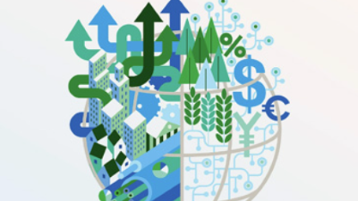 illustration of earth with trees, arrows, percentage symbol, and currency symbols