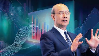 Andrew Lo presenting with AI financial imagery in the background