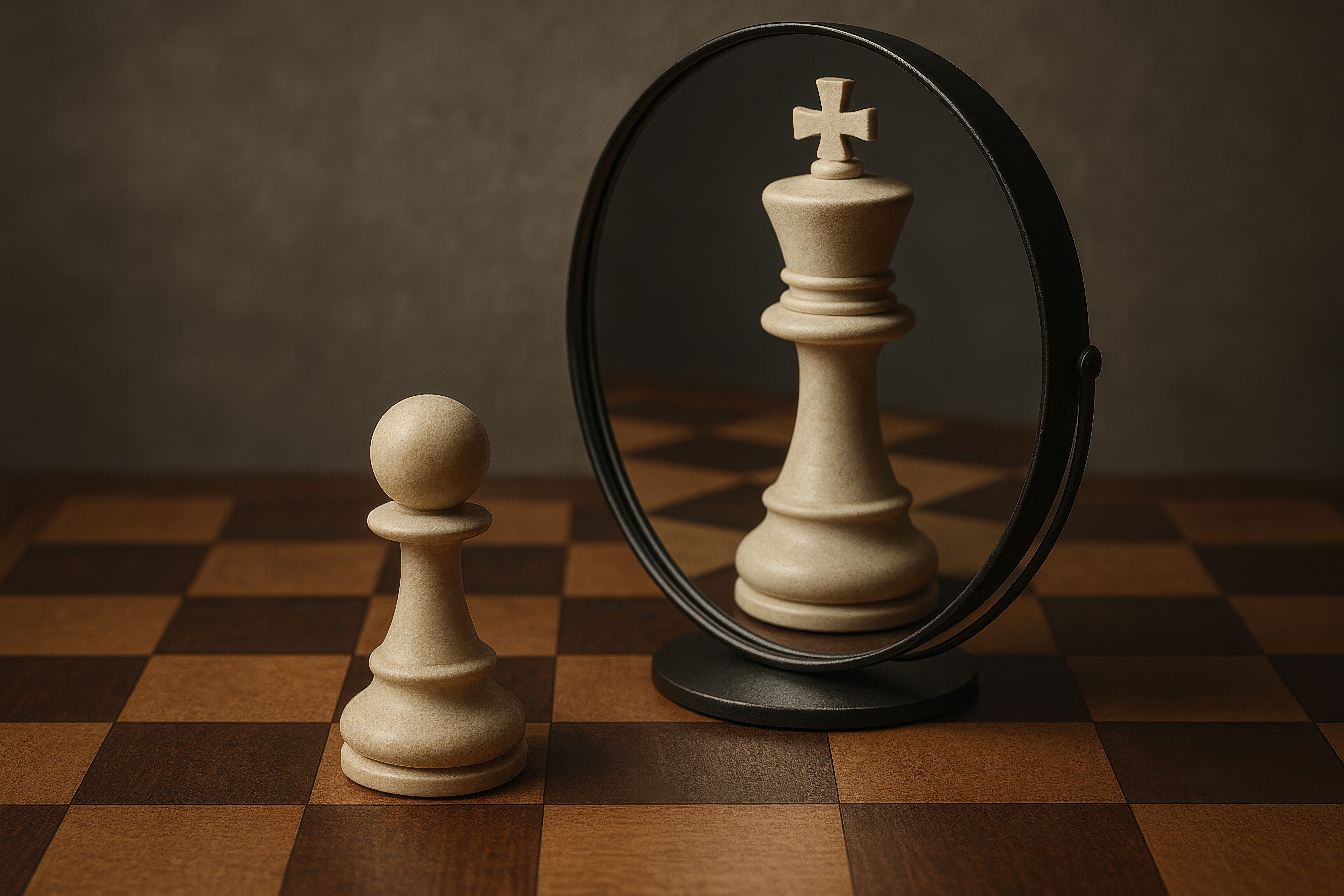 chess piece reflecting as the king piece in a mirror