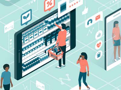 illustration of using tech in retail store to shop and make choices