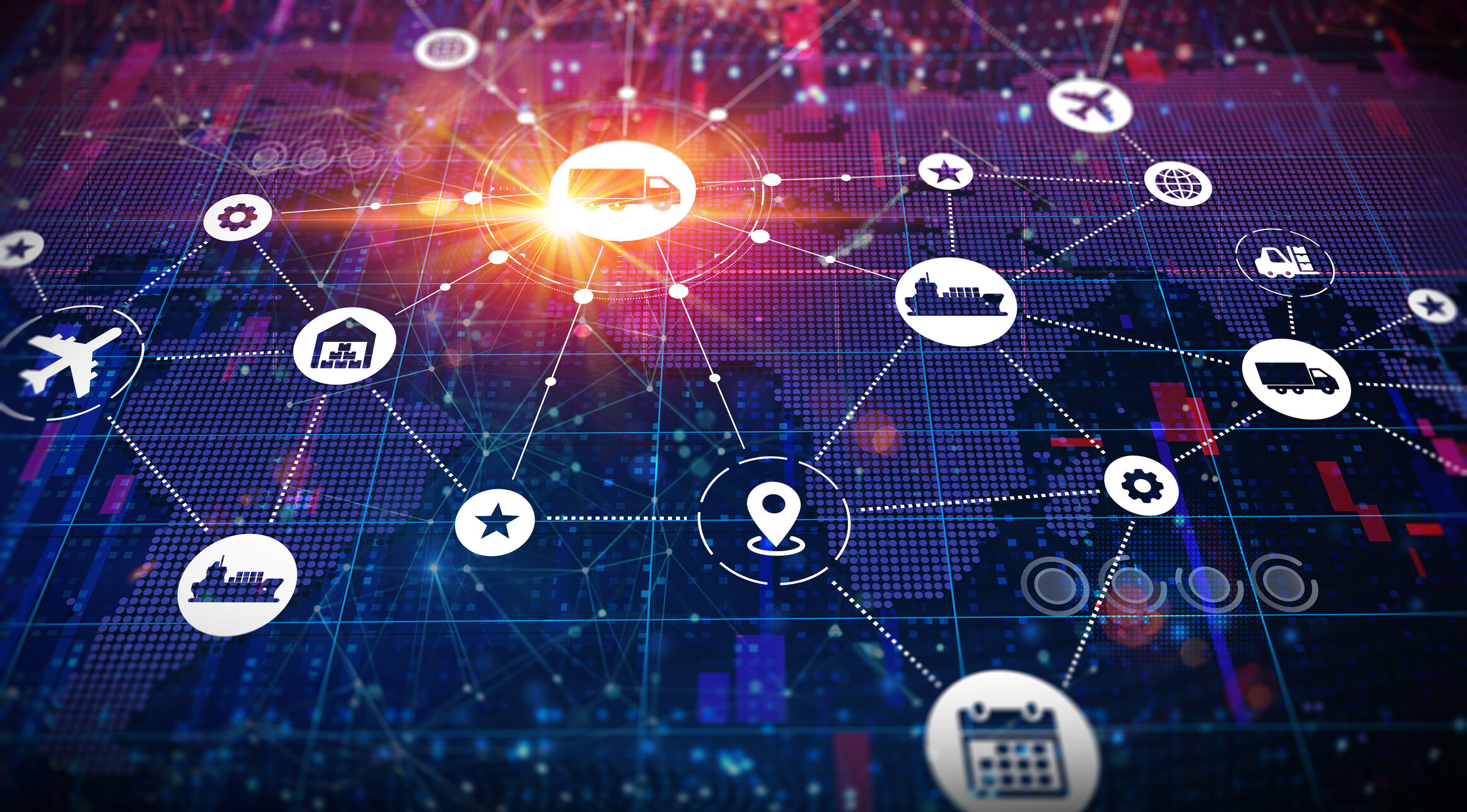 icons in circles such as airplane, factory, bank, truck etc connected by lines