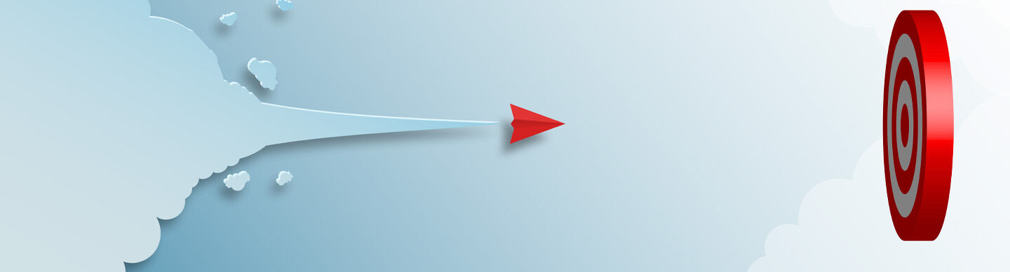illustration of red paper airplane flying through sky towards a bullseye
