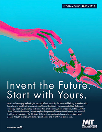program guide cover - a human hand and a robot hand reaching for each other against a blue backdrop
