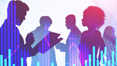 illustration of people in the background with graphs in the foregroun