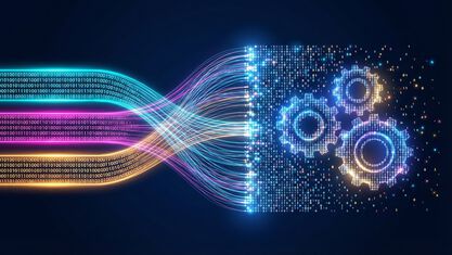 Agentic AI workflow, glowing data stream merges with digital gears futuristic creative concept image number null