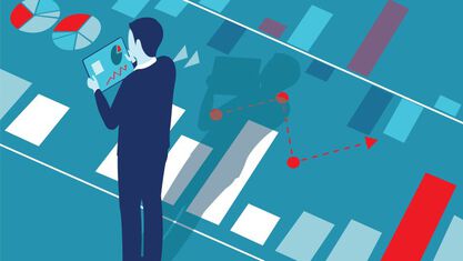 illustration of a person looking at graphs on a tablet image number null