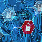 illustration of abstract blue digital hexagons with a red lock in a hexagon