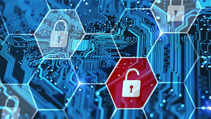 illustration of abstract blue digital hexagons with a red lock in a hexagon image number null