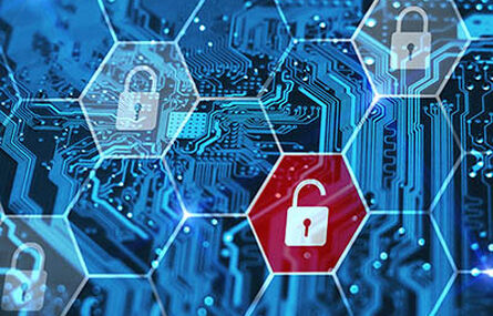 illustration of abstract blue digital hexagons with a red lock in a hexagon