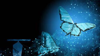 Blue digital looking butterflies flying on dark background. image number null