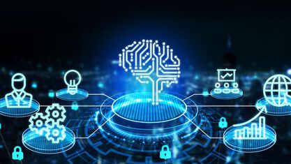 AI and machine learning concept with a brain icon in the center and many icons around it image number null