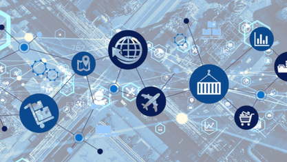 plane, shipment, package, and map, all in individual circles connected to each other by lines image number null