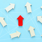 White arrows pointing different directions with red arrow in the middle pointing up. All are connected by web