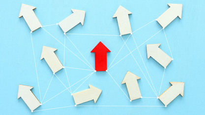 White arrows pointing different directions with red arrow in the middle pointing up. All are connected by web image number null