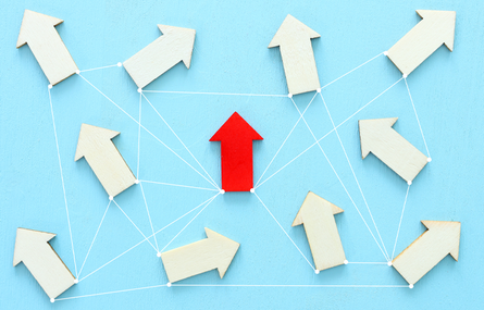 White arrows pointing different directions with red arrow in the middle pointing up. All are connected by web