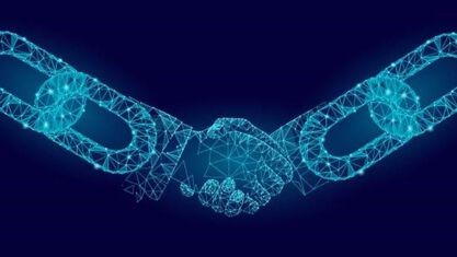 two digital hands holding with chains as their arms image number null