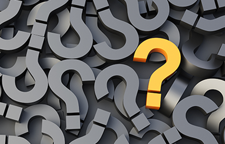 Grey question marks with one yellow question mark in the center.