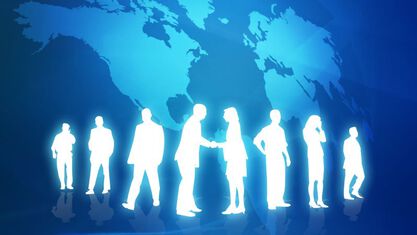 illlustration of people standing in front of a giant world map image number null
